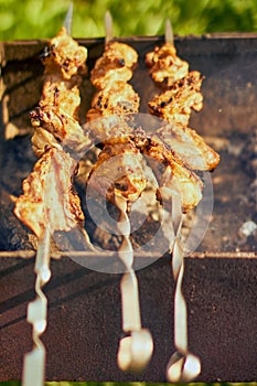 Kebabs are fried on skewers, meat on a skewer