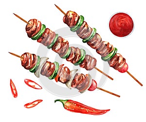 Kebabs - grilled meat skewers and vegetables. Watercolor illustration