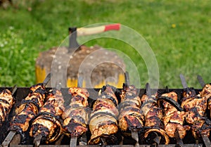 Kebabs sizzling over a hot BBQ fire