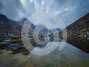 Kedarnath temple, beautiful water reflection mountains view