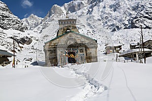 Kedarnath temple, shrine covered with snow.