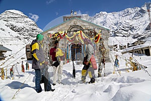 Kedarnath temple, shrine covered with snow. photo