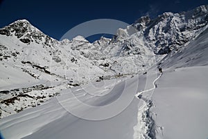 Kedarnath temple trek covered with snow in Himalaya.