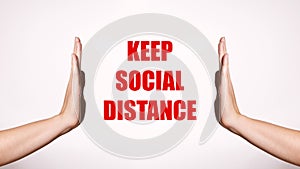 Keeep Social Distance. Contact-less Greetings. Health Care Poster. Two Hands Gesture Limit Safe Distance