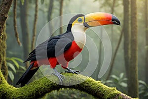 Keel-billed toucan perched on a mossy branch in Costa Rica