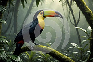 A Keel-billed toucan perched on a mossy branch.generative ai
