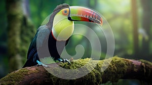 Keel-billed Toucan, Ramphastos sulfuratus, bird with big bill sitting on the branch in the forest,