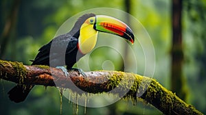 Keel-billed Toucan, Ramphastos sulfuratus, bird with big bill sitting on the branch in the forest,