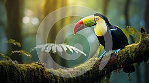 Keel-billed Toucan, Ramphastos sulfuratus, bird with big bill sitting on the branch in the forest,