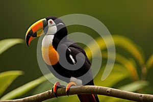 Keel-billed Toucan, Ramphastos sulfuratus, bird with big bill. Toucan sitting on the branch, generative ai, in the forest