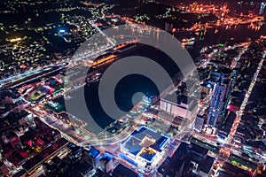 Keelung City Skyline Aerial View - Panoramic cityscape night view, major port city situated in the northeastern part of Taiwan.