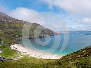 Keem bay and beach and Cliffs, Achill island, County Mayo, Ireland. Popular travel area with stunning nature scenery. Warm sunny