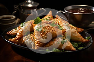 Keema Samosa - Crispy pastry pockets filled with a spiced minced meat mixture. AI Generated