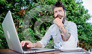 Keep on blogging. Bearded man blogging on popular social network. Amateur journalist blogging and writing articles