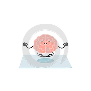 Keep calm concept.Meditating cartoon brain in lotus position. Clip art illustration isolated on white background.Flat