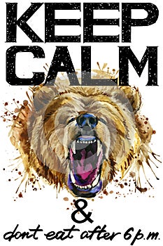 Keep Calm. Grizzly bear watercolorr illustration.