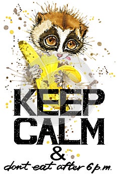 Keep Calm. Lemur watercolor illustration.
