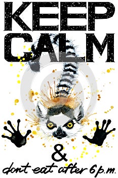 Keep Calm. Lemur watercolorr illustration.
