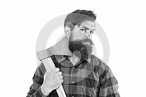 Keep calm and shave beard. Brutal lumberjack having shave with sharp axe blade isolated on white. Bearded man with