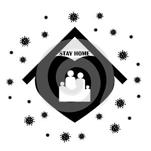 Keep calm and stay home concept vector illustration. Family of adults and kids stay at home to reduce risk of infection and