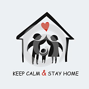 Keep calm & stay home concept vector illustration. Quarantined planet. Family of adults and child stay at home to reduce risk of i