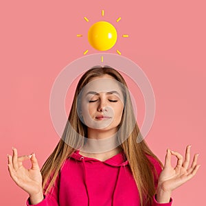 Keep Calm. Woman With Sun Emoji Above Head Meditating On Pink Background