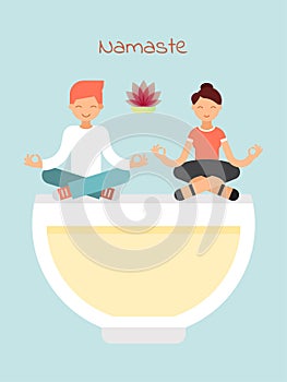 Keep calm yoga concept, male female sitting lotus position isolated on blue, flat vector illustration. People character