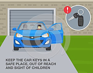 Keep the car keys in a safe place, out of reach and sight of children. Boy opens and sitting in front driver's seat.