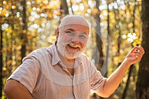 Keep cheerfulness. Pensioner hiking in forest on sunny autumn day. See beauty in simple things. Old bearded man collect