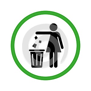 Keep Clean Icon. Allowed Drop Trash in Bin. Throw Litter in Bin Silhouette Green Icon. Disposal Waste Glyph Pictogram