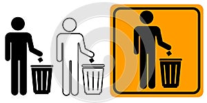 Keep Clean Silhouette Sign. Allowed Throw Rubbish, Waste, Garbage in Bin Symbol. Do Not Throw Trash in Toilet Glyph Icon. Warning