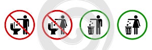 Keep Clean Toilet Silhouette Icon Set. Allowed Throw Rubbish, Waste, Garbage Only in Bin Sign. Do Not Throw Trash in