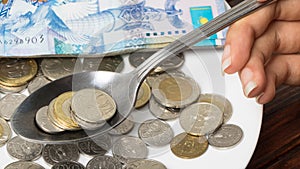 Keep the coins in the spoon. Tenge, the national currency of Kazakhstan. Concept. Budget, living wage. Economy, Central Asia.