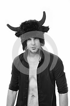 Keep cool and maintain composure. Man horns as devil or bull. Ignore provocation. Aggressive intimidating and photo