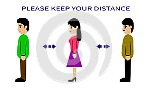 Keep distance, advice for social distancing,cashier, queued up, cartoons photo