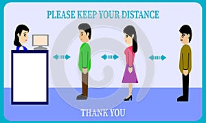 Keep distance, advice for social distancing,cashier, queued up, cartoons  sosial distancing photo