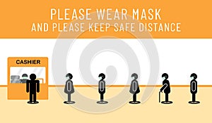 Social Distancing Concept, People Wearing Surgical Masks Standing With Distance In Queue