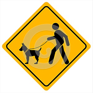 A `Keep Dogs on Leads` sign featuring a man walking a dog with a lead. The sign on yellow background. vector