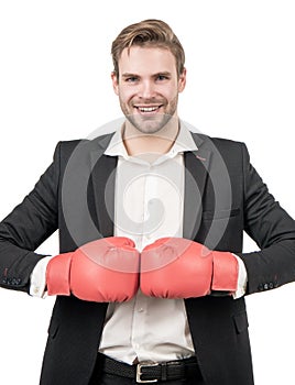 Keep fighting the good fight. Happy businessman hold boxing gloves together. Man boxer in suit