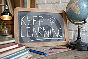 Keep learning written on chalkboard. Concept of knowledge, improvement, development and keeping up the motivation to learn new