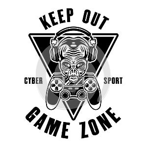 Keep out game zone vector sign with alien head in headphones and two gamepads in monochrome style isolated on white