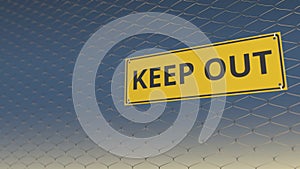 KEEP OUT sign an a mesh wire fence against blue sky. 3D animation
