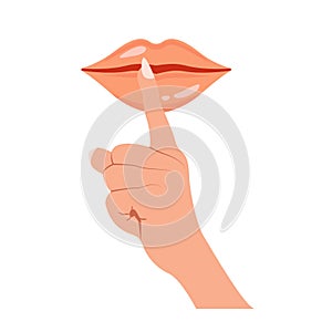 Keep silence icon. Be quiet lips and hand with finger silent sign. No noise symbol