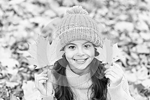 Keep warmest this autumn. Child outdoors. Carefree and relaxed. Autumn skin care routine. Kid wear warm knitted hat