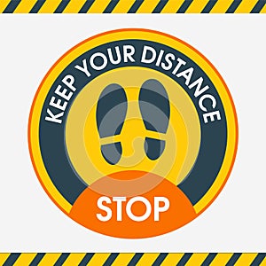 Keep Your Distance. Yellow round floor marking shoe prints social distancing Instruction Icon.