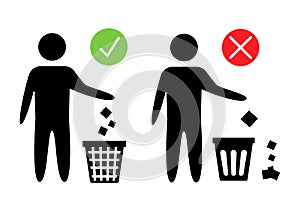 Keeping the clean. Forbidden icon. Pitch in put trash in its place. Tidy man or do not litter, symbols, keep clean and dispose of photo