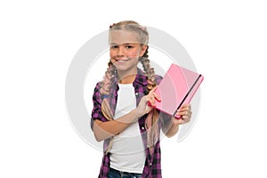 Keeping her secrets in diary. Child cute girl hold notepad or diary isolated on white background. Childhood memories