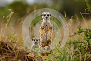 Keeping Watch: Meerkat Family in the Vast African Savanna. Concept Animal Behavior, Meerkats,