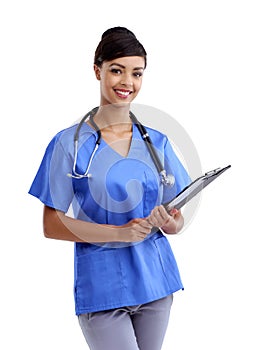 Keeping you healthy is my top priority. Studio shot of a young medical professional isolated on white.