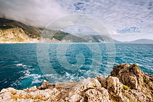 Kefalonia cliff coastline, with rough sea in late summer. Greece vacation trip